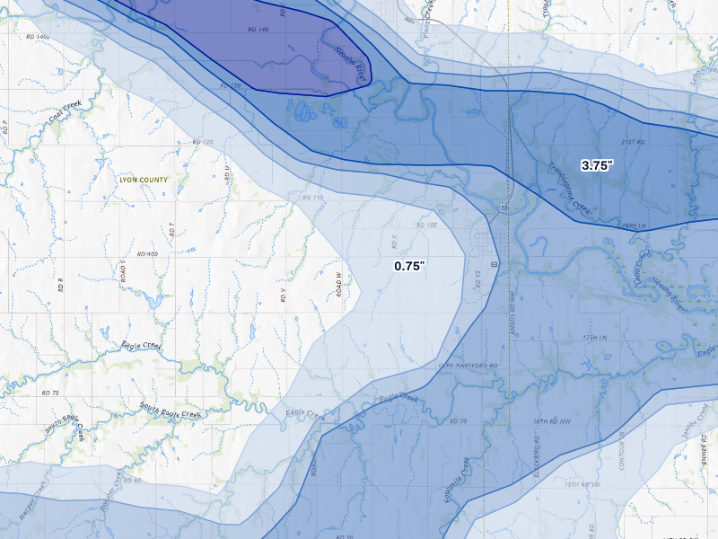 NEXRAD radar-signature map of the hail storm over Hartford, KS on Aug 5, 2026