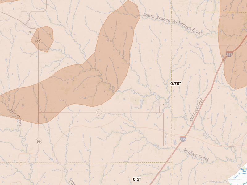Radar-estimated hail-size map of the storm over Harveyville, KS on Apr 26, 2026