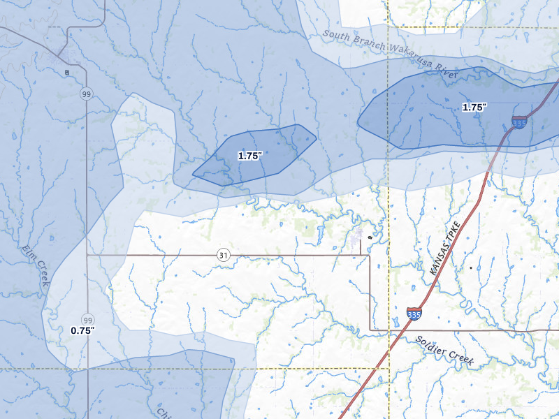 NEXRAD radar-signature map of the hail over Harveyville, KS