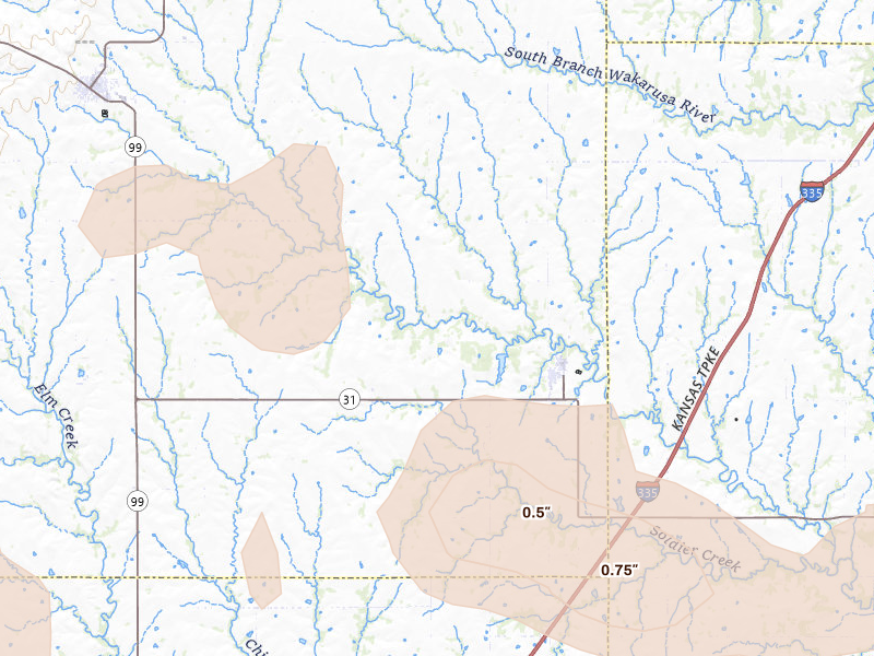 Radar-estimated hail-size map of the storm over Harveyville, KS on Jul 4, 2026