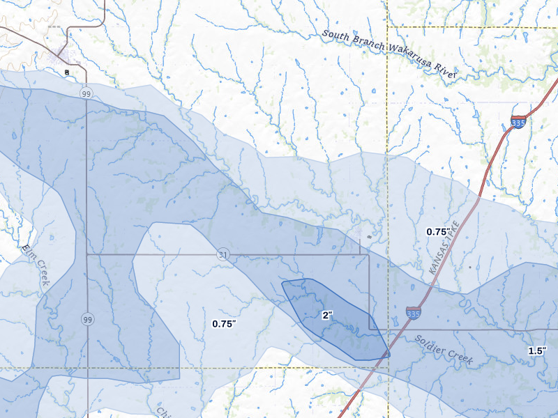 NEXRAD radar-signature map of the hail over Harveyville, KS
