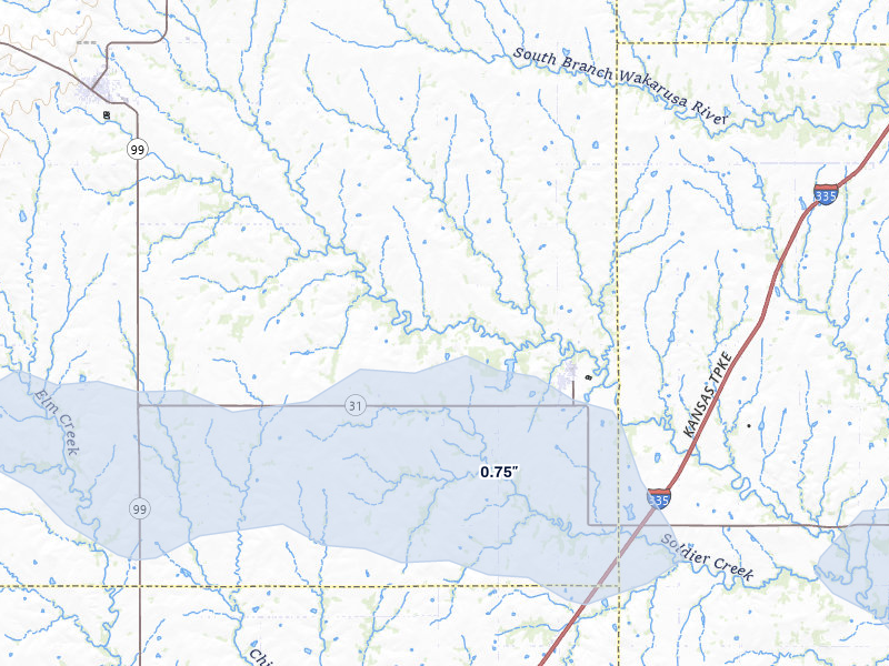 NEXRAD radar-signature map of the hail storm over Harveyville, KS on Jul 9, 2026