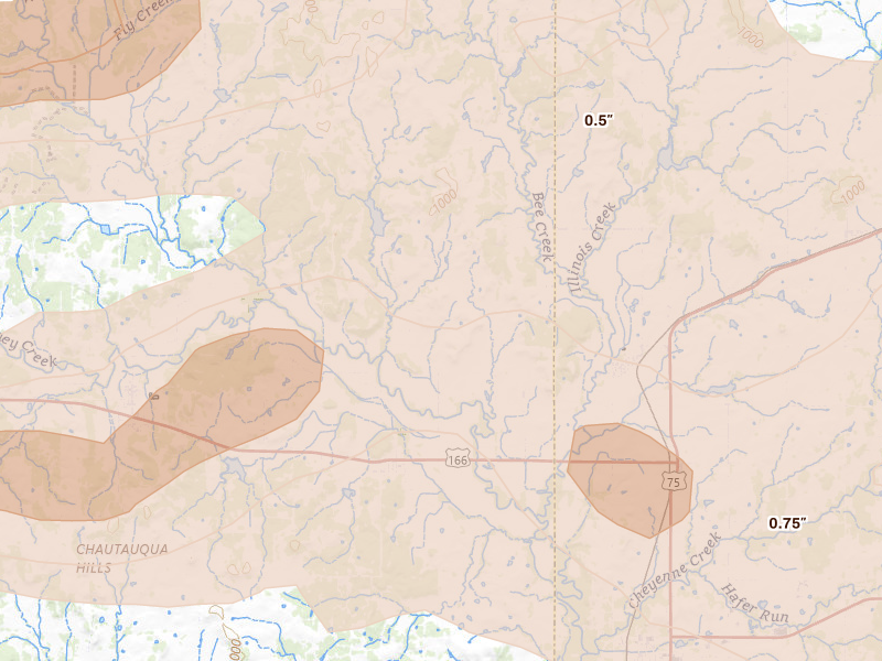 Radar-estimated hail-size map of the storm over Havana, KS on Apr 25, 2026