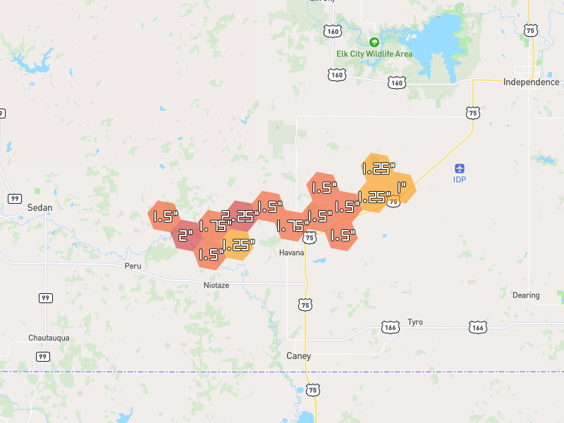 Hail map of Havana, KS on Jun 1, 2026, hail up to 2.25"