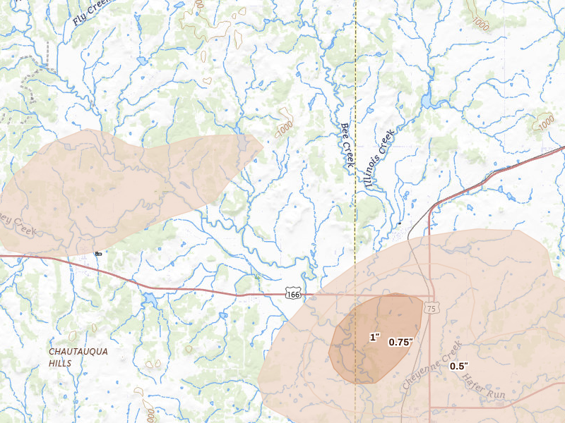 Radar-estimated hail-size map of the storm over Havana, KS on Jun 26, 2026