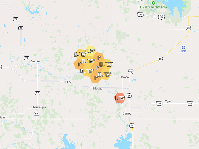 Hail map of Havana, KS on Jun 27, 2026, hail up to 1.75"