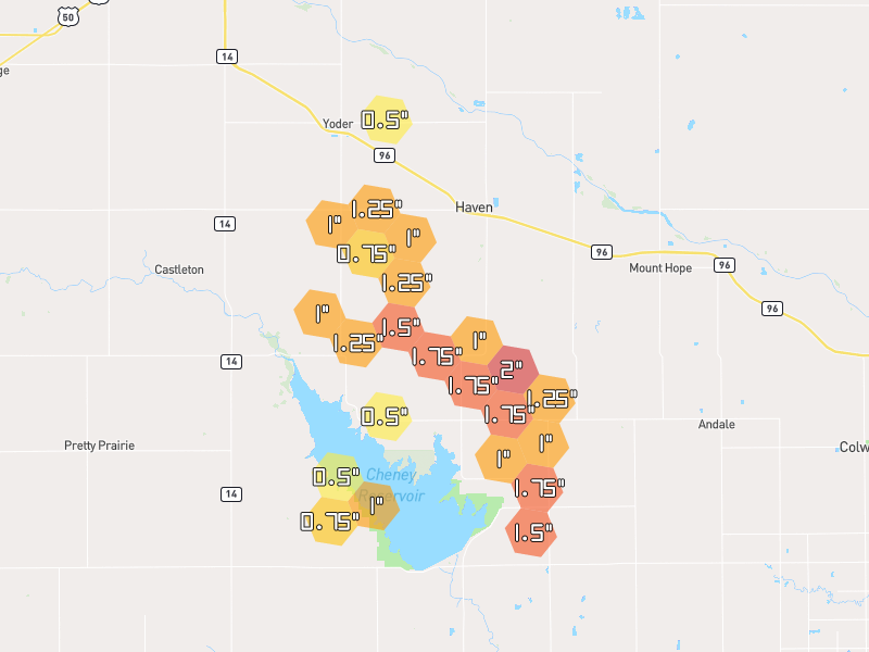 Hail map of Haven, KS on Jun 26, 2026, hail up to 2"