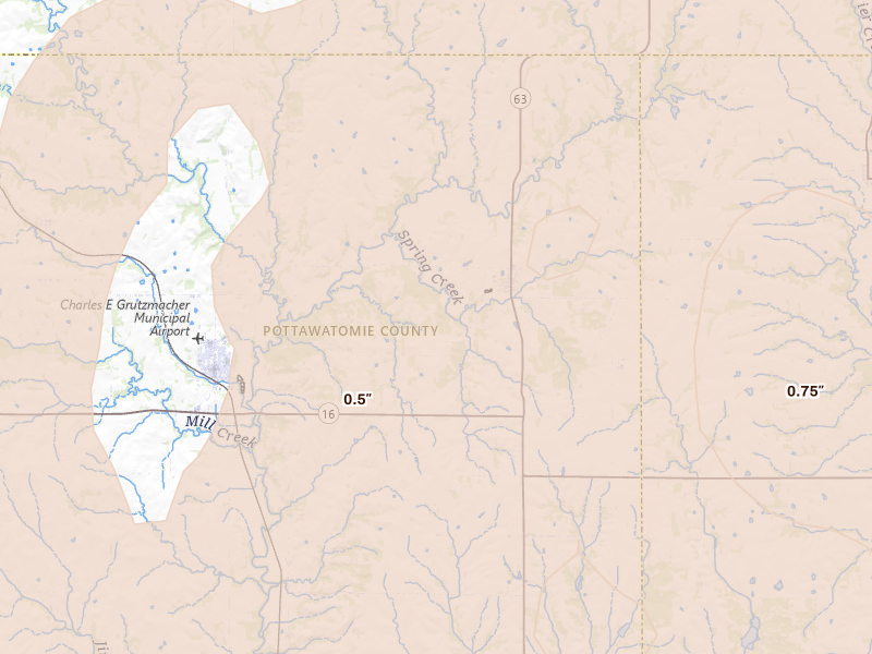 Radar-estimated hail-size map of the storm over Havensville, KS on May 18, 2026