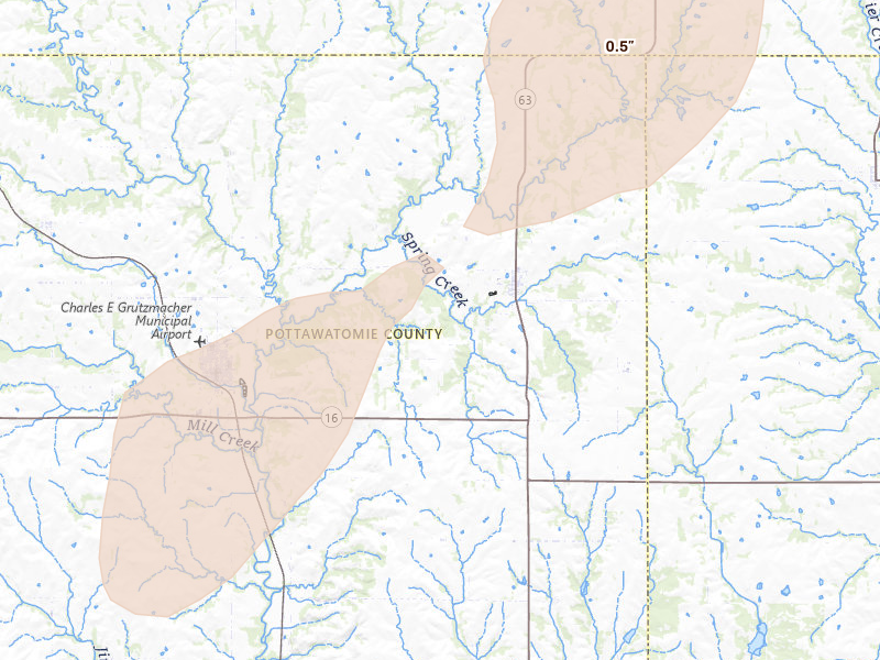 Radar-estimated hail-size map of the storm over Havensville, KS on Jul 3, 2026