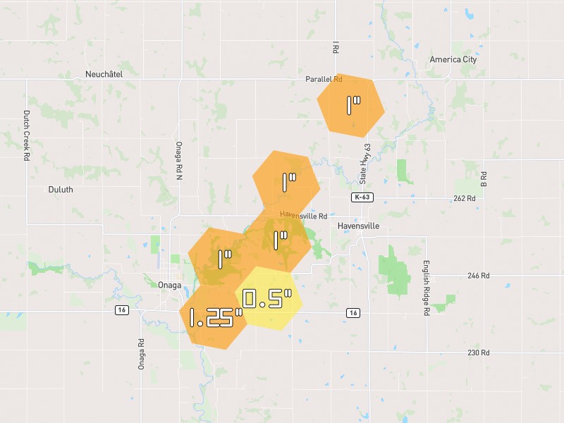 Hail map of Havensville, KS on Jul 3, 2026, hail up to 1.25"