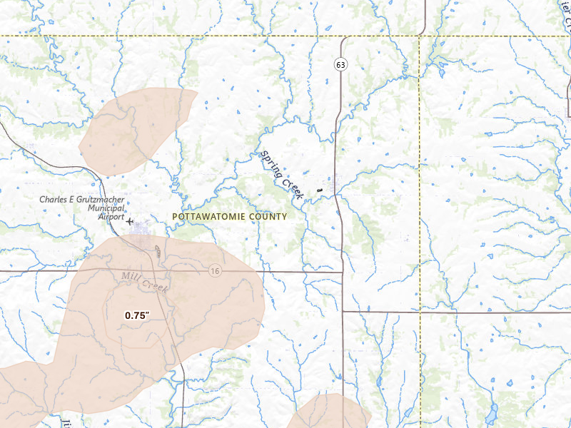 Radar-estimated hail-size map of the storm over Havensville, KS on Jul 4, 2026