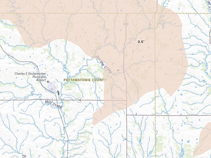 Radar-estimated hail-size map of the storm over Havensville, KS on Jul 8, 2026