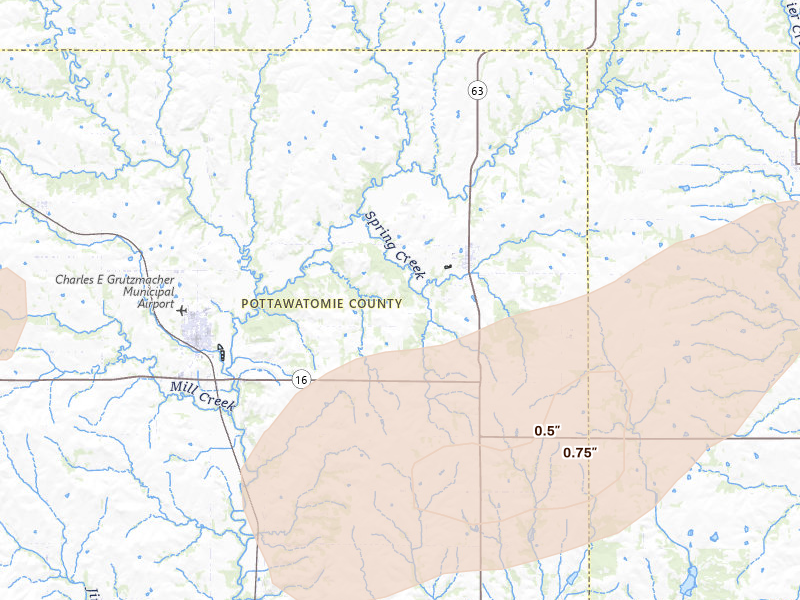 Radar-estimated hail-size map of the storm over Havensville, KS on Aug 15, 2026