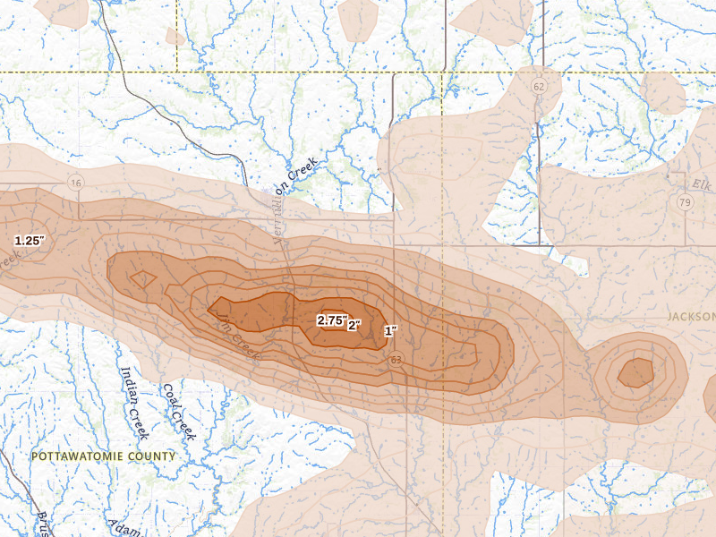 Radar-estimated hail-size map of the storm over Havensville, KS on Aug 18, 2026