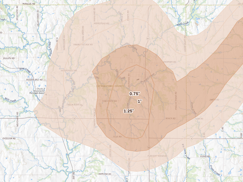 Radar-estimated hail-size map of the storm over Havensville, KS on Sep 19, 2026