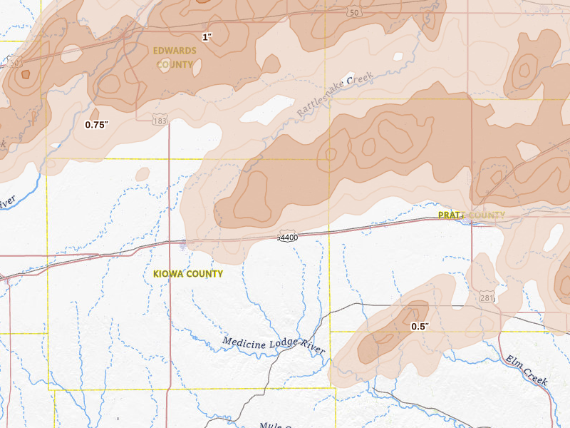 Radar-estimated hail-size map of the storm over Haviland, KS on May 18, 2026