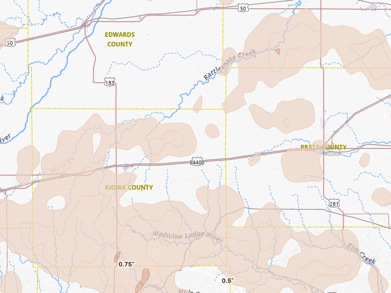 Radar-estimated hail-size map of the storm over Haviland, KS on Jun 1, 2026
