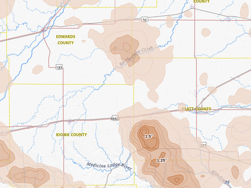 Radar-estimated hail-size map of the storm over Haviland, KS on Jun 20, 2026