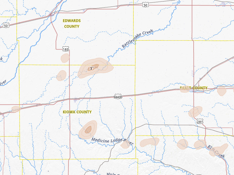 Radar-estimated hail-size map of the storm over Haviland, KS on Jun 26, 2026