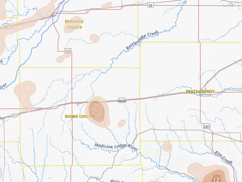 Radar-estimated hail-size map of the storm over Haviland, KS on Jul 9, 2026