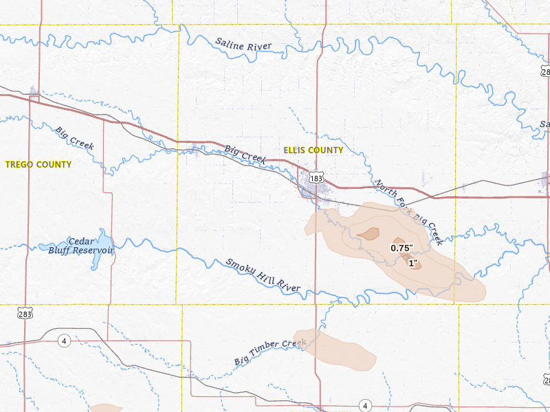 Radar-estimated hail-size map of the storm over Hays, KS on Apr 8, 2026