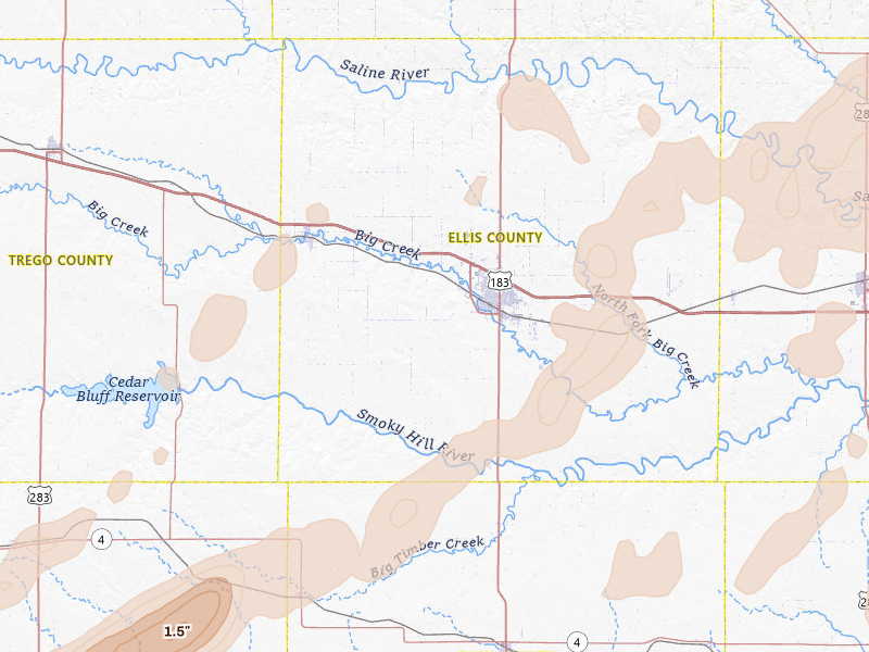 Radar-estimated hail-size map of the storm over Hays, KS on Apr 26, 2026
