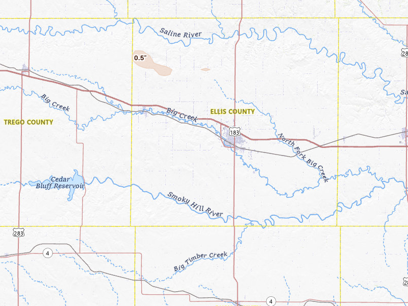 Radar-estimated hail-size map of the storm over Hays, KS on May 9, 2026
