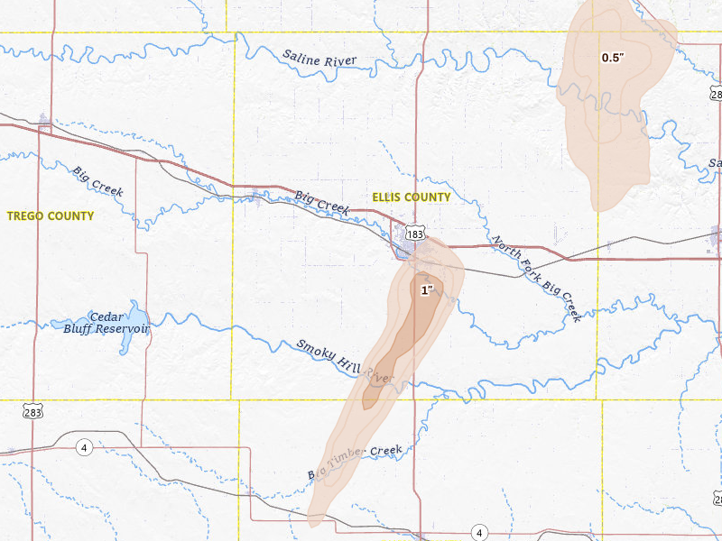 Radar-estimated hail-size map of the storm over Hays, KS on May 29, 2026