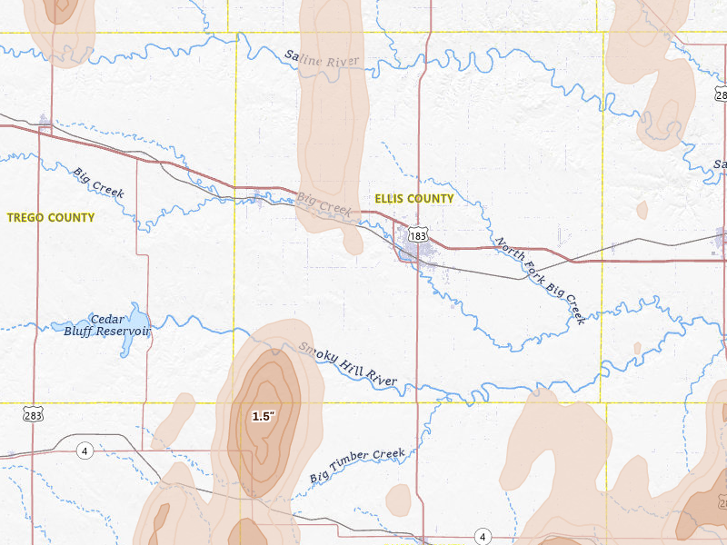 Radar-estimated hail-size map of the storm over Hays, KS on May 30, 2026