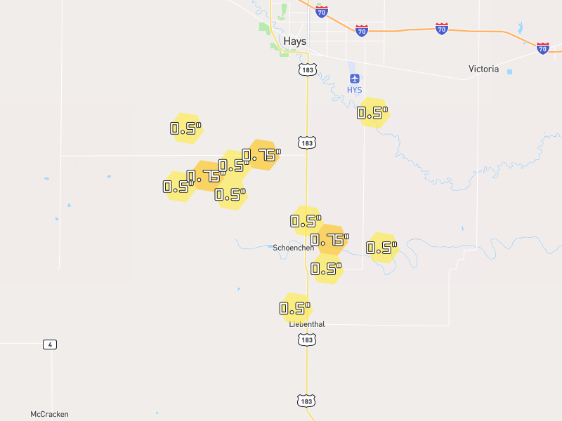 Hail map of Hays, KS on Jun 1, 2026, hail up to 0.75"
