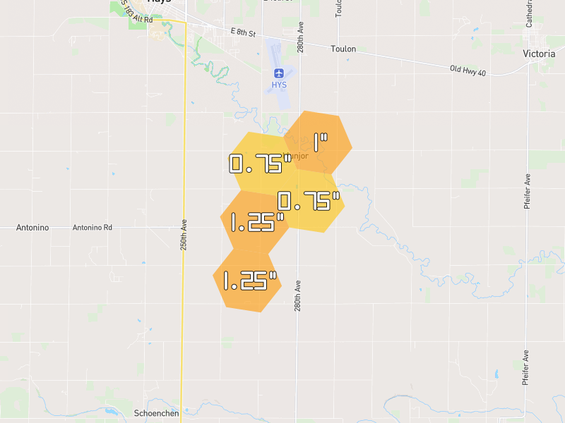 Hail map of Hays, KS on Jun 3, 2026, hail up to 1.25"