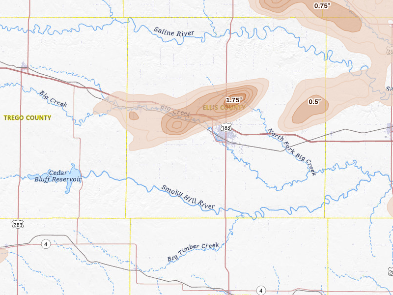 Radar-estimated hail-size map of the storm over Hays, KS on Jun 8, 2026