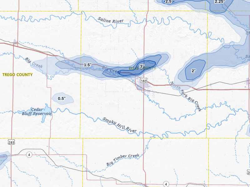 NEXRAD radar-signature map of the hail storm over Hays, KS on Jun 8, 2026