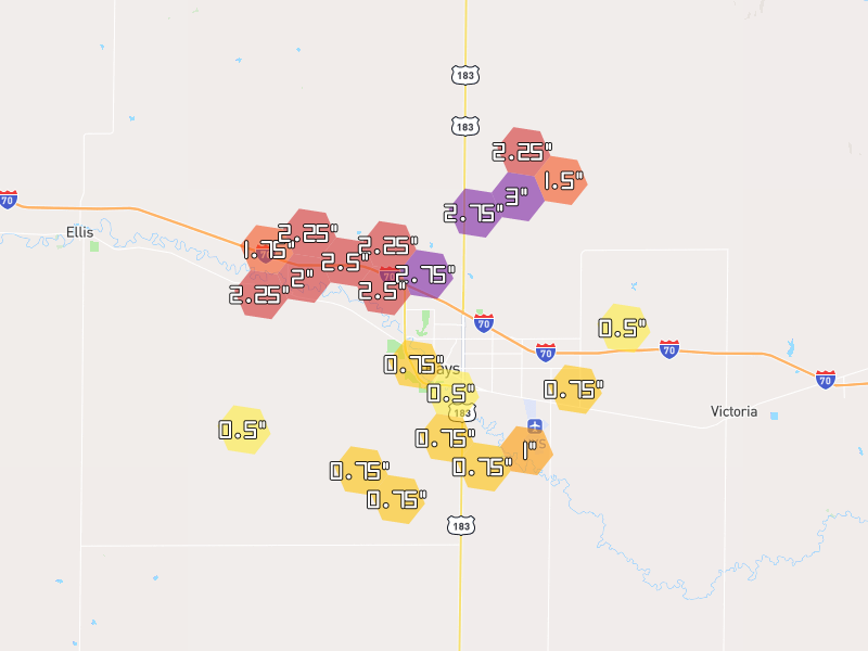 Hail map of Hays, KS on Jun 9, 2026, hail up to 3"