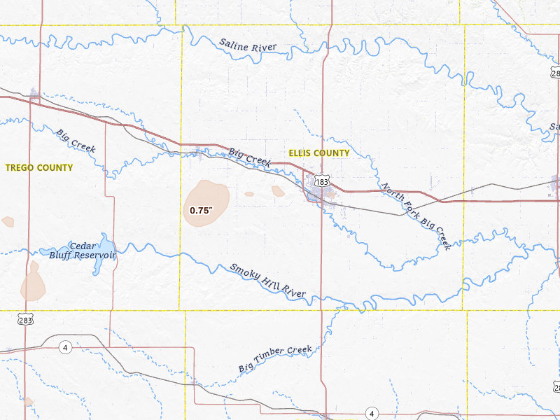 Radar-estimated hail-size map of the storm over Hays, KS on Jul 9, 2026