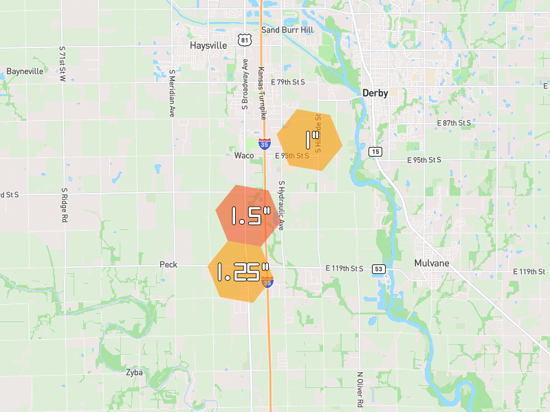 Hail map of Haysville, KS on Jun 4, 2026, hail up to 1.5"