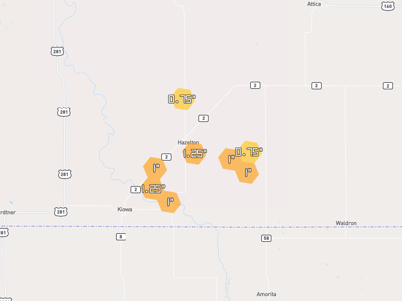Hail map of Hazelton, KS on Jun 2, 2026, hail up to 1.25"