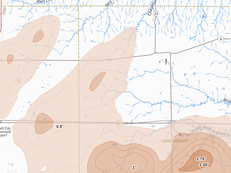 Radar-estimated hail-size map of the storm over Healy, KS on Jun 1, 2026