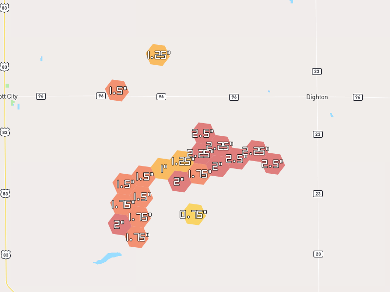 Hail map of Healy, KS on Jun 1, 2026, hail up to 2.5"