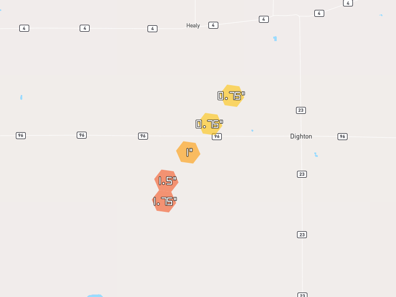 Hail map of Healy, KS on Jun 2, 2026, hail up to 1.75"