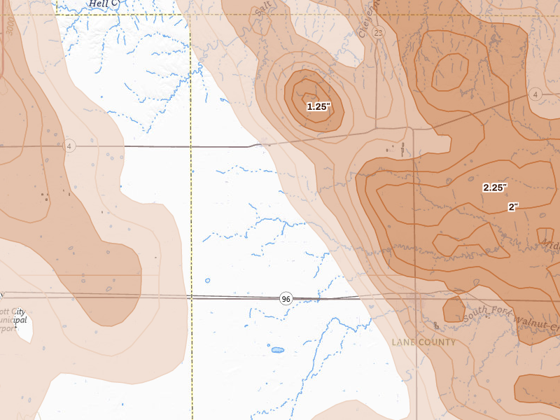 Radar-estimated hail-size map of the storm over Healy, KS on Jun 20, 2026