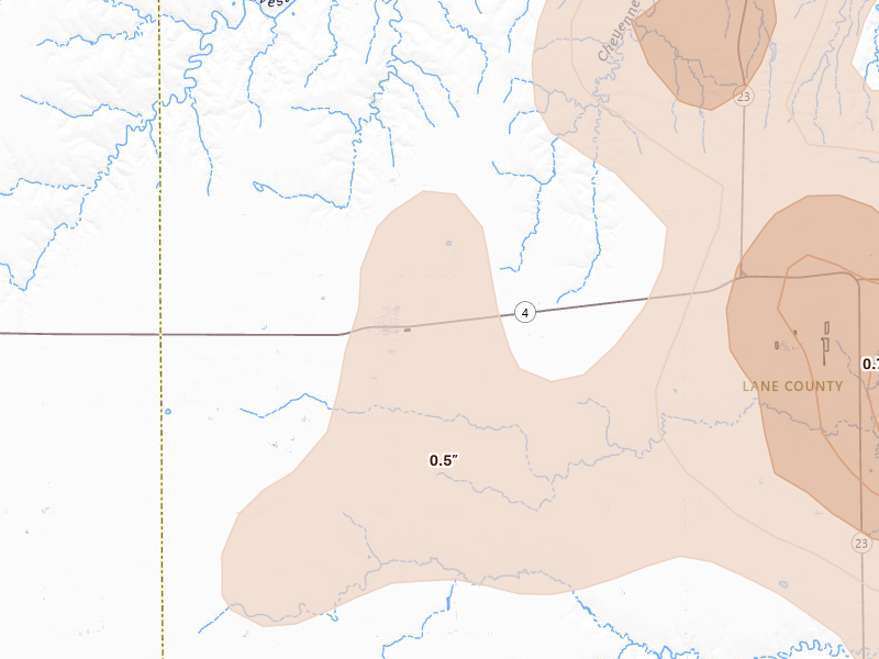 Radar-estimated hail-size map of the storm over Healy, KS on Aug 13, 2026