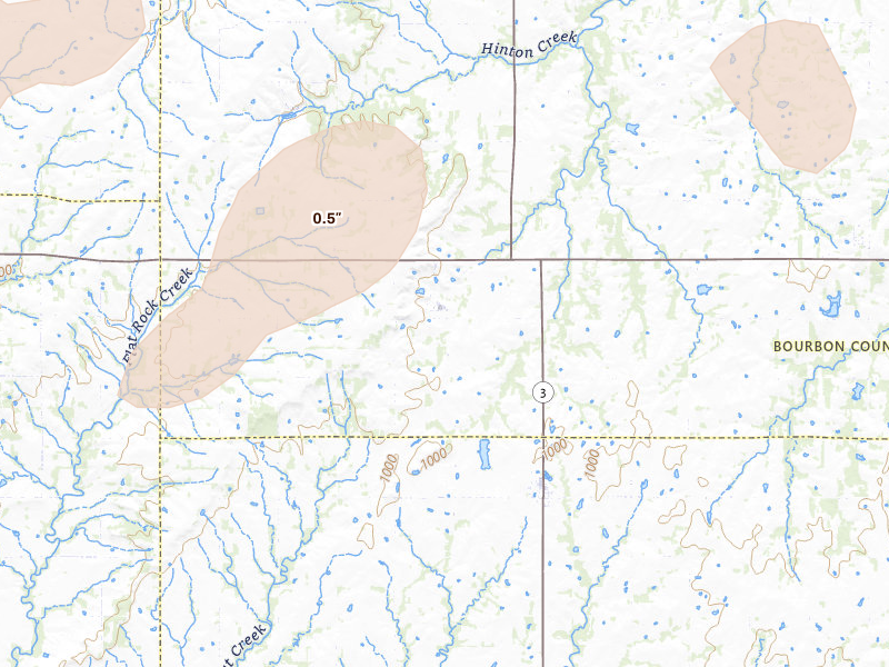 Radar-estimated hail-size map of the storm over Hepler, KS on May 30, 2026