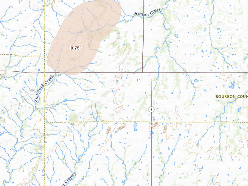 Radar-estimated hail-size map of the storm over Hepler, KS on Jun 8, 2026
