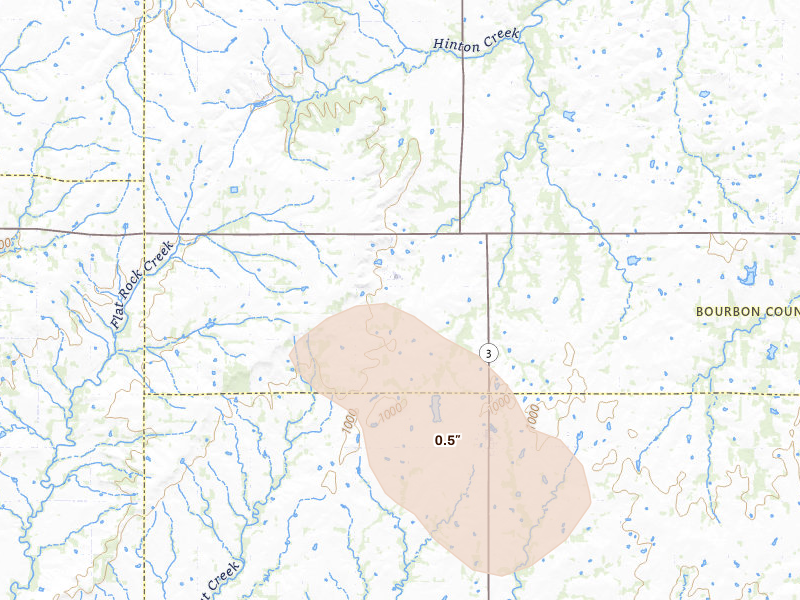 Radar-estimated hail-size map of the storm over Hepler, KS on Jun 17, 2026