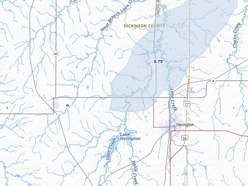 NEXRAD radar-signature map of the hail storm over Herington, KS on Mar 5, 2026