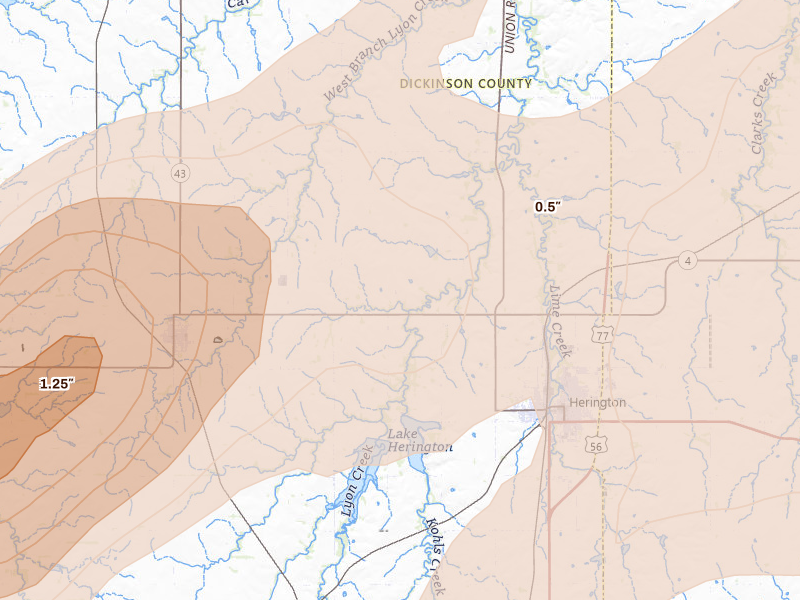 Radar-estimated hail-size map of the storm over Herington, KS on Apr 23, 2026