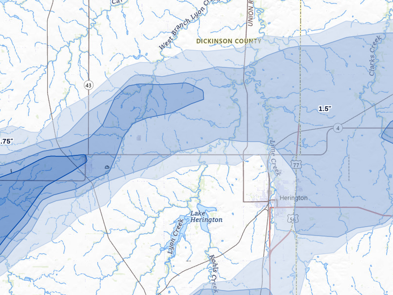 NEXRAD radar-signature map of the hail over Herington, KS
