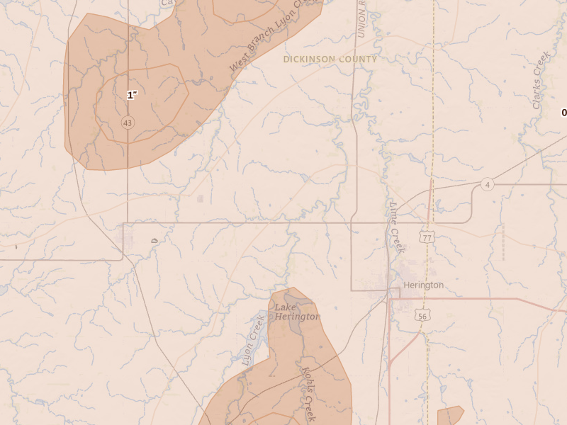 Radar-estimated hail-size map of the storm over Herington, KS on Apr 26, 2026