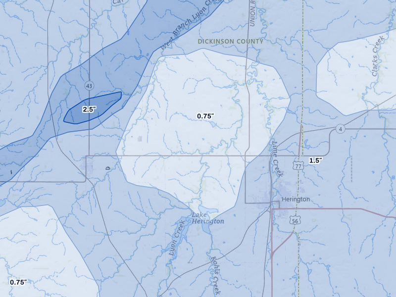 NEXRAD radar-signature map of the hail over Herington, KS